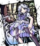  bad_id bad_pixiv_id blue_eyes braid clockwork geppewi izayoi_sakuya knife maid maid_headdress pantyhose short_hair silver_hair solo torn_clothes torn_legwear touhou twin_braids 