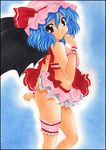  bat_wings bikini blue_hair garters hat red_eyes remilia_scarlet short_hair skirt solo swimsuit touhou traditional_media wings wristband yadokari_genpachirou 