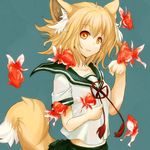  animal_ears blonde_hair brown_eyes fish fox_ears goldfish hands nekoya_saki original school_uniform serafuku short_hair smile solo tail 