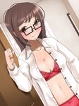  arm_up bad_id bad_pixiv_id bra breasts cleavage doorway glasses kinugasa_yuuichi knocking large_breasts lingerie multicolored multicolored_eyes navel open_clothes open_shirt original panties shirt smile solo standing underwear 
