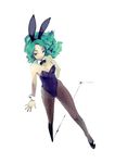  animal_ears bunny_ears bunnysuit fishnet_pantyhose fishnets green_eyes green_hair original pantyhose perspective rr_(ryohej) short_hair simple_background solo white_background 
