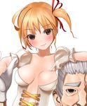  1girl arm_support bad_id bad_pixiv_id blush breast_poke breasts brown_eyes bustier gloves grey_hair hair_ribbon kinugasa_yuuichi leaning lingerie medium_breasts orange_hair original poking ribbon short_hair simple_background smile underwear 