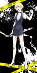  bad_id bad_pixiv_id blonde_hair bow bowtie breasts brown_eyes caution_tape cleavage durarara!! fu_yukari genderswap genderswap_(mtf) heiwajima_shizuo high_heels keep_out medium_breasts miniskirt pencil_skirt pole shoes skirt solo tuxedo vest 