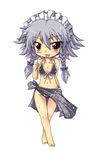  bikini black_bikini black_sarong braid chibi front-tie_top izayoi_sakuya kusanagi_mikoto_(artist) md5_mismatch print_sarong red_eyes sarong short_hair silver_hair solo swimsuit tongue touhou twin_braids white_background 