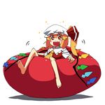 1girl :d bad_id bad_pixiv_id barefoot bean_bag_chair blonde_hair excited fang feet flandre_scarlet happy hat open_mouth red_eyes side_ponytail sitting smile solo sparkle touhou wings yaza 