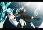  aqua_eyes aqua_hair barefoot detached_sleeves feet hatsune_miku hatsune_miku_(append) highres letterboxed long_hair necktie outstretched_arms outstretched_hand reaching shoes single_shoe solo thighhighs twintails utamaru_(konomix) vocaloid vocaloid_append 