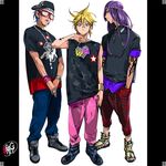  argyle bandana baseball_cap blonde_hair blue_hair bracelet fancy_glasses fashion glasses hands_in_pockets hat highres jewelry kagamine_len kaito kamui_gakupo long_hair male_focus multiple_boys necklace pendant pop_kyun purple_hair ring sandals shoes sneakers star tattoo urban_fashion vocaloid wristband 