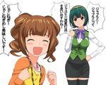  a1 blush_stickers brown_hair closed_eyes drooling green_hair hairband hand_on_hip idolmaster idolmaster_(classic) multiple_girls open_mouth otonashi_kotori pencil_skirt pun raglan_sleeves red_eyes saliva skirt takatsuki_yayoi thighhighs translated twintails 