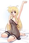  bed blonde_hair breasts chemise fate_testarossa kneeling lingerie long_hair lyrical_nanoha mahou_shoujo_lyrical_nanoha_strikers medium_breasts narutaki_shin nipple_slip nipples no_bra panties panty_pull see-through solo strap_slip underwear very_long_hair yawning 