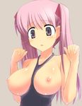  between_breasts blush breasts breasts_outside haramura_nodoka large_breasts long_hair nipples one-piece_swimsuit pink_hair saki solo swimsuit twintails unikurage 