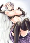  angel_wings armpits black_legwear breasts bridal_gauntlets choker dragon_quest dragon_quest_ix earrings grey_hair halo jewelry large_breasts lying maki_aida_factor midriff on_back panties raviel short_hair silver_hair solo thighhighs thong underwear wings 