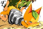  animal_crossing bed bed_sheet blush bottomless cat doubutsu_no_mori from_behind furry interspecies leaf nintendo sex sheets shi_yusu silver_eyes tail tangy tangy_(animal_crossing) text wink 