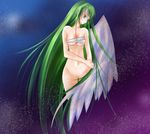  angel_wings bandages breasts c.c. code_geass green_hair long_hair medium_breasts no_pussy nude simple_background solo wings yellow_eyes 