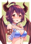 ahoge bandaged_arm bandages bikini blue_bikini blue_choker blush breasts choker cleavage clenched_hands collarbone dragon_girl dragon_horns dragon_tail dragon_wings eyebrows_visible_through_hair flying_sweatdrops granblue_fantasy grea_(shingeki_no_bahamut) green_background hair_between_eyes halterneck highres horns large_breasts looking_at_viewer nose_blush open_mouth pointy_ears purple_hair red_eyes shingeki_no_bahamut shirt short_hair solo stomach swimsuit tail tomo_(user_hes4085) upper_body wings 