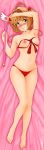  absurdres antenna_hair arm_up armpits bangs barefoot bed_sheet blush bow bra breasts cardcaptor_sakura closed_mouth commentary cupless_bra dakimakura eyebrows_visible_through_hair from_above full_body fuuin_no_tsue hair_bow highres holding kinomoto_sakura looking_at_viewer lying nanashi_noiji navel nipples on_back on_bed panties red_bra red_panties ribbon_bra short_hair skindentation small_breasts smile solo underwear underwear_only valentine 