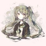  abstract_background bandage_on_face bandages bangs black_jacket commentary eyebrows_visible_through_hair eyes_visible_through_hair green green_eyes green_hair green_ribbon hair_over_eyes hatsune_miku highres jacket long_hair long_neck long_sleeves looking_away project_diva_(series) ribbon rolling_girl_(vocaloid) school_uniform serafuku shirt twintails uniform upper_body user_xkew2474 vocaloid white_shirt 