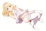  blonde_hair blush breasts brown_eyes dress frills graphite_(medium) hairband highres long_hair looking_at_viewer lying mokke_(mokke99) on_back panties shining_(series) shining_blade solo thighhighs traditional_media underwear white_legwear 