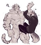  ? abs anthro biceps blush booboo34 canine clothed clothing dog feline hair happy male mammal muscular muscular_male pecs shorts tiger topless 