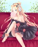  abigail_williams_(fate/grand_order) ankle_scrunchie bangs bare_shoulders barefoot black_bow black_dress blonde_hair blue_eyes blush bow bubble_blowing bug butterfly chewing_gum collarbone commentary_request couch dress fate/grand_order fate_(series) forehead hair_bow hair_bun headphones highres insect leaf long_hair long_sleeves looking_away looking_to_the_side no_hat no_headwear object_hug off_shoulder on_couch orange_bow orange_scrunchie parted_bangs pikunoma scrunchie sitting sleeves_past_fingers sleeves_past_wrists solo stuffed_animal stuffed_toy teddy_bear toenails very_long_hair 
