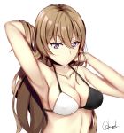  arm_up armpits bangs bikini black_bikini breasts chrisandita cleavage closed_mouth collarbone commentary english_commentary eyebrows_visible_through_hair hair_between_eyes hair_ribbon halter_top halterneck highres large_breasts light_brown_hair long_hair looking_at_viewer multicolored multicolored_bikini multicolored_clothes navel original purple_eyes ribbon signature solo swimsuit upper_body very_long_hair white_bikini white_ribbon 