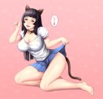  :d animal_ears bangs barefoot bell bell_collar black_collar black_hair blue_skirt blunt_bangs breasts brown_eyes cat_ears cat_tail cleavage collar commentary_request full_body highres kneeling large_breasts lifted_by_self long_hair looking_at_viewer nyatokanyaru open_mouth paw_pose pink_background shirt short_sleeves skirt skirt_lift smile solo speech_bubble tail very_long_hair white_shirt 