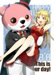  2girls :3 :d animal_costume arm_up armpits bang_dream! bangs bear_costume bear_tail black_hat black_jacket blonde_hair bow bowtie brooch carrying confetti dated dress eyebrows_visible_through_hair formal happy_birthday harusawa hat high_heels jacket jewelry long_hair looking_at_viewer mascot_costume michelle_(bang_dream!) multiple_girls open_mouth pants princess_carry red_dress red_footwear red_neckwear sidelocks smile sparkle star suit tail top_hat tsurumaki_kokoro white_pants yellow_eyes 