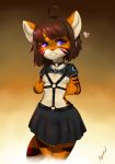  &lt;3 2018 anthro bdsm blush breasts brown_hair clothed clothing collar digital_media_(artwork) ear_piercing feline female fur hair harness looking_at_viewer mammal nipples partially_clothed piercing purple_eyes simple_background skirt small_breasts smile solo standing synn synnfultiger teeth tiger young 