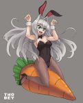  animal_ears artist_name bow breasts bunny_ears bunny_pose bunnysuit carrot character_request cleavage commission covered_navel detached_collar eyebrows_visible_through_hair green_eyes grey_hair hair_between_eyes hair_intakes hundred long_hair solo twobey very_long_hair white_background wrist_cuffs 