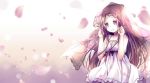  54hao bad_id bad_pixiv_id bangs bare_arms bare_shoulders breasts closed_mouth commentary_request dress forehead gradient gradient_background hands_up head_tilt long_hair original parted_bangs petals purple_eyes purple_hair see-through sleeveless sleeveless_dress small_breasts smile solo upper_body veil very_long_hair white_background white_dress 