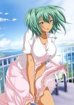  1girl breasts dress green_eyes green_hair ikkitousen large_breasts leaning_forward looking_at_viewer open_mouth ryofu_housen smile solo standing tagme twintails 