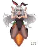  animal_ears artist_name ass_visible_through_thighs bow breasts bunny_ears bunny_pose bunnysuit carrot character_request cleavage commission covered_navel detached_collar eyebrows_visible_through_hair green_eyes grey_hair hair_between_eyes hair_intakes hundred long_hair solo twobey very_long_hair white_background wrist_cuffs 