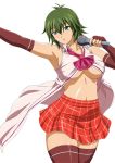  1girl bare_shoulders blue_eyes breasts green_hair ikkitousen kyocho_chuukou large_breasts navel parted_lips short_hair skirt solo standing tagme thighhighs underboob 