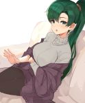 absurdres bangs blush breasts commentary couch earrings english_commentary eyebrows_visible_through_hair fire_emblem fire_emblem:_rekka_no_ken green_hair highres jewelry lap_pillow_invitation long_hair long_sleeves looking_at_viewer lyndis_(fire_emblem) medium_breasts necklace open_mouth ormille ponytail simple_background sitting skirt solo sweater unfinished 
