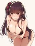  akahito alternate_costume arm_under_breasts ass bangs bare_shoulders bikini black_bikini blush braid breasts cleavage collarbone commentary_request embarrassed eyebrows_visible_through_hair french_braid girls_frontline hair_ribbon half_updo highres large_breasts leaning_forward long_hair looking_at_viewer one_side_up open_mouth purple_hair red_eyes red_ribbon ribbon sidelocks simple_background skindentation solo stomach swimsuit tearing_up thighs trembling tsurime very_long_hair wa2000_(girls_frontline) wet 