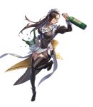  alcohol ankle_boots bangs black_dress black_legwear boots bottle breasts bridal_gauntlets brown_eyes brown_hair bucket closed_mouth cuboon detached_sleeves dress fingernails fire_emblem fire_emblem_heroes fire_emblem_if full_body glass_bottle hair_over_one_eye highres holding ice jewelry kagerou_(fire_emblem_if) large_breasts leg_up lips long_hair long_sleeves looking_away maid maid_headdress official_art puffy_sleeves shiny shiny_clothes shiny_hair solo thighhighs transparent_background zettai_ryouiki 