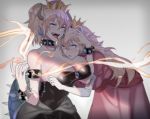  a821 armlet bare_shoulders blonde_hair blue_earrings blue_eyes bowsette bracelet breasts collar collarbone crown dress earrings eyebrows_visible_through_hair fingernails fire gloves grey_background highres horns jewelry large_breasts long_hair looking_at_viewer mario_(series) multiple_girls new_super_mario_bros._u_deluxe open_mouth pink_dress ponytail princess_peach sharp_teeth short_hair spiked_armlet spiked_bracelet spiked_collar spikes super_crown teeth tongue tongue_out white_gloves 