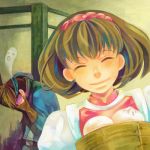  1girl bob_cut brown_hair closed_eyes closed_mouth commentary_request facing_viewer flik food gensou_suikoden gensou_suikoden_ii hairband happy lowres nanami_(suikoden) short_hair smile suna-gimo 