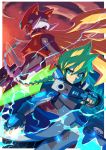  android armor azure_striker_gunvolt azure_striker_gunvolt_2 blonde_hair blue_eyes boots braid commentary creator_connection crossover electricity energy_blade energy_sword english_commentary gloves green_eyes gun gunvolt helmet holding holding_gun holding_sword holding_weapon long_coat long_hair male_focus multicolored_hair multiple_boys navel neon_trim parted_lips pointing purple_eyes purple_hair robot rockman rockman_zero sword tomycase two-tone_hair very_long_hair weapon zero_(rockman) 