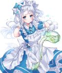  animal_ears apron bangs bare_arms bell blue_eyes cat_ears closed_mouth dress food fruit gloves highres holding jingle_bell juice kinty lime_(fruit) long_hair looking_at_viewer maid maid_headdress original pitcher pouring ribbon simple_background solo white_background white_hair 