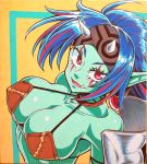  bandana bare_shoulders blue_hair blue_skin blush breasts doula_(sennen_sensou_aigis) fang green_skin highres horns large_breasts long_hair looking_at_viewer open_mouth pointy_ears red_eyes red_hair sennen_sensou_aigis shoulder_armor solo soune1000 traditional_media upper_body yellow_background 
