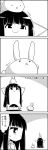  4koma :x animal animal_on_head arms_behind_head bunny bunny_on_head comic commentary_request exercise from_behind greyscale highres houraisan_kaguya long_hair monochrome on_head smile tani_takeshi thought_bubble touhou translation_request trembling very_long_hair yukkuri_shiteitte_ne 