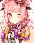  ;q alternate_hairstyle bang_dream! black_neckwear blush bow bowtie candy_earrings candy_hair_ornament cross-laced_clothes double_bun eyebrows_visible_through_hair food_themed_hair_ornament frilled_sleeves frills gloves hair_bow hair_ornament head_wings holding index_finger_raised jack-o'-lantern jack-o'-lantern_hair_ornament long_hair looking_at_viewer maruyama_aya one_eye_closed pink_eyes pink_hair polka_dot polka_dot_neckwear purple_gloves short_sleeves solo star striped striped_gloves taya_5323203 tongue tongue_out upper_body 