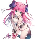  :d arm_garter bare_shoulders black_panties blue_eyes bow dragon_tail elizabeth_bathory_(fate) elizabeth_bathory_(fate)_(all) eyebrows_visible_through_hair fang fate/grand_order fate_(series) floating_hair frills hair_ornament heart heart-shaped_pupils highres horns leaning_forward long_hair looking_at_viewer miwabe_sakura no_pants open_mouth panties pink_bow pink_hair pointy_ears simple_background sleeveless smile solo standing symbol-shaped_pupils tail tail_bow underwear v-shaped_eyebrows very_long_hair white_background wrist_cuffs 