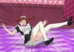  :o alternate_costume artist_name black_footwear breasts brown_hair closed_eyes commentary_request curtains enmaided falling full_body indoors large_breasts maid mera_chisato miastral_violet outstretched_arms panties pantyshot saiki_kusuo_no_psi_nan short_twintails solo tile_floor tiles twintails underwear white_legwear 