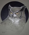  2018 ambiguous_gender avian beak bird feral headshot_portrait owl portrait rhyu simple_background solo traditional_media_(artwork) yellow_eyes 