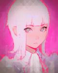  blue_eyes close-up closed_mouth eyebrows_visible_through_hair face highres ilya_kuvshinov original pink_background short_hair solo symbol-shaped_pupils white_hair 