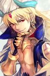  blonde_hair chin_stroking earrings fate/grand_order fate_(series) gauntlets gilgamesh gilgamesh_(caster)_(fate) hankuri high_collar jewelry male_focus red_eyes shirtless shoulder_tattoo smile tattoo turban 