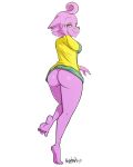  5_fingers 5_toes anthro barefoot big_butt bojack_horseman butt clothing feet feline female fur half_clothed howsplendid humanoid_feet looking_at_viewer looking_back mammal pink_fur princess_carolyn shirt simple_background soles solo thick_thighs toes 
