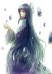  1girl bangs black_eyes black_hair blue_cape bubble cape hair_between_eyes houshin_engi long_eyelashes long_hair ryuukitsu_koushu simple_background solo very_long_hair wariko water white_background 