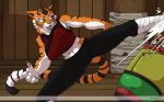  anthro bandage clothed clothing feline female fighting_stance kung_fu_panda mammal master_tigress muscular muscular_female open_mouth smile solo standing tiger yawg 